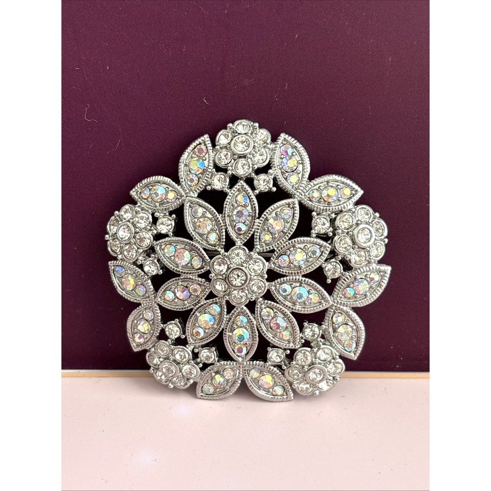 Vintage Monet Aurora Borealis Brooch Star Burst Flower Signed Rhinestone Pin 2"